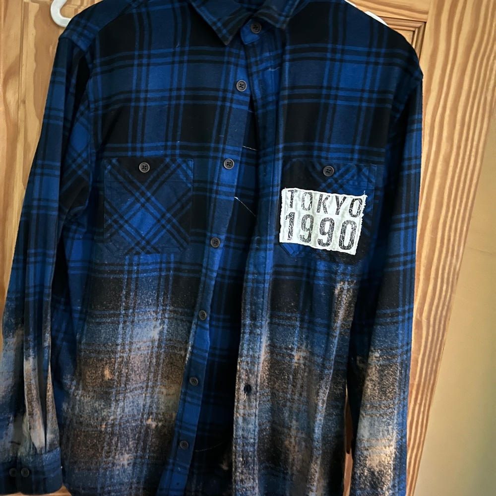Blue and Black Plaid Shirt with Rolling Stones Patch